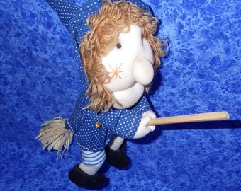 German GOOD LUCK WITCH--Handmade Vintage Witch with Soft Sculpture Face from Germany--9" Tall--Teal Blue Polka Dot Dress and Pointy Hat