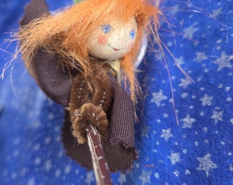 Cute German GOOD LUCK WITCH Red Hair, Brown Plaid Cape,Brown Dress, Green Hat; Handmade in Harz Mountains for Walpurgis Night, New Old Stock
