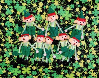 St Patricks LEPRECHAUN CLAN in GREEN--Eight Little Guys Holding Shamrocks--St Patrick's Decorations--Very Good Condition