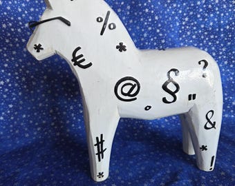 Gunnar, a Vintage IKEA White DALA HORSE with Black Glasses--Partying Gen X Horse--Non-Alphabetic Characters--Gnawed Ears/Scrapes--10" Tall