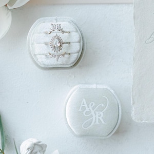 May include: An elegant wedding flat lay featuring a ring box with three diamond rings, a second ring box with the initials "A&R", and a wedding invitation. The scene is set on a white surface with floral accents.