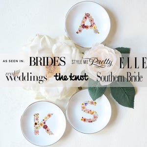gold trim ceramic trinket dish with initial, bridal ring dish and engaged gift jewelry holder initial ring dish holding engagement ring and wedding bands, personalized wildflower jewelry dish