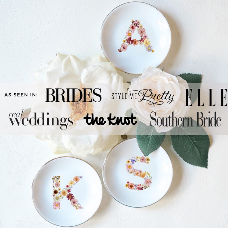 gold trim ceramic trinket dish with initial, bridal ring dish and engaged gift jewelry holder initial ring dish holding engagement ring and wedding bands, personalized wildflower jewelry dish