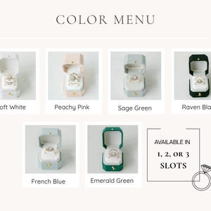 May include: A colour menu displaying ring boxes in Soft White, Peachy Pink, Sage Green, Raven Black, French Blue, and Emerald Green. Text indicates availability in 1, 2, or 3 slots. A diamond ring graphic is also present.