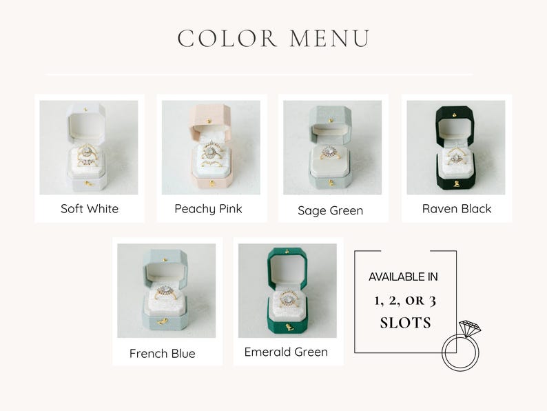 May include: A colour menu displaying ring boxes in Soft White, Peachy Pink, Sage Green, Raven Black, French Blue, and Emerald Green. Text indicates availability in 1, 2, or 3 slots. A diamond ring graphic is also present.