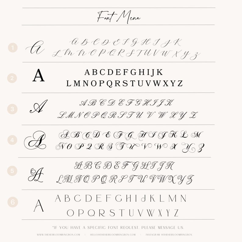 May include: A graphic showing six different font styles for the alphabet. Each font style is labeled with a number from 1 to 6. The text "Font Menu" is at the top of the graphic.