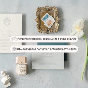May include: A flat lay of wedding stationery, including invitations, a ring box, and a vintage tray with stamps. The text says "Perfect for Proposals, Engagements & Bridal Showers" and "Ideal for Wedding Flat Lays, Photography & Styling Kits."