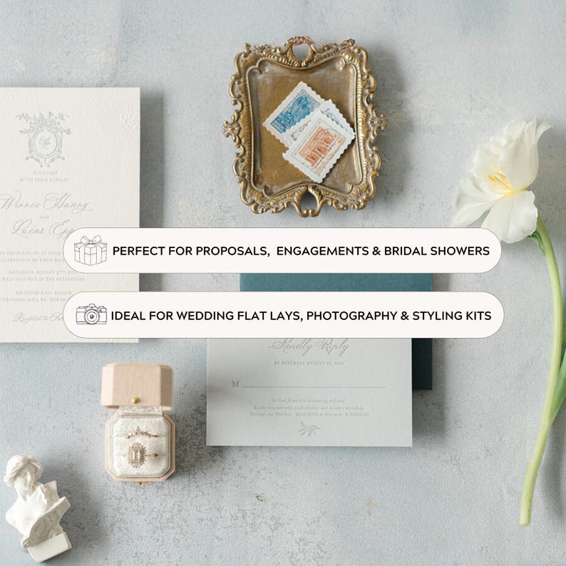 May include: A flat lay of wedding stationery, including invitations, a ring box, and a vintage tray with stamps. The text says "Perfect for Proposals, Engagements & Bridal Showers" and "Ideal for Wedding Flat Lays, Photography & Styling Kits."