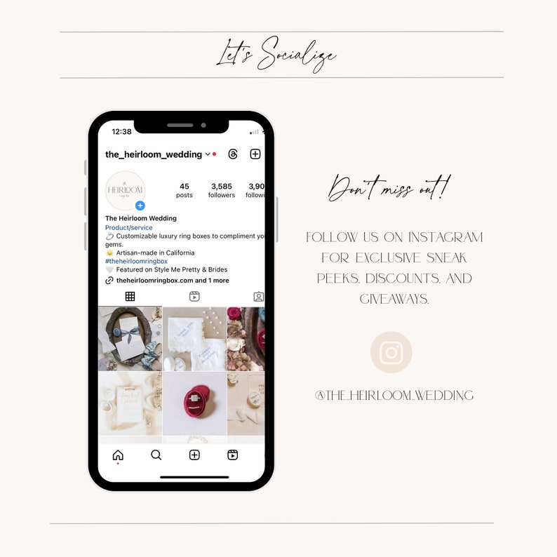 May include: Instagram post for the_heirloom_wedding, a business that makes custom luxury ring boxes. The post features a collage of images showing different ring boxes, a ring, and floral arrangements. The text on the post reads "The Heirloom Wedding" and "Customizable luxury ring boxes to compliment your gems. Artisan-made in California. #theheirloomringbox".