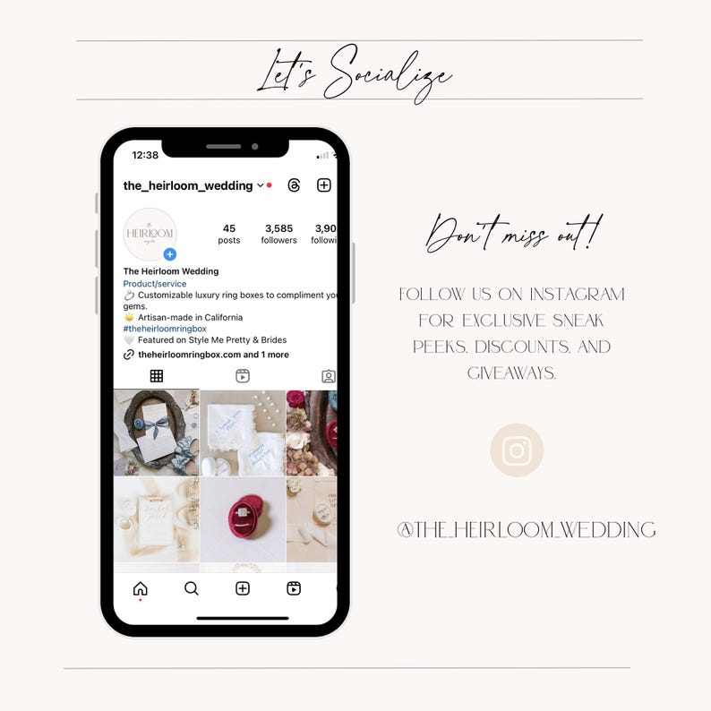 K&ouml;nnte beinhalten: Instagram-Post f&uuml;r The Heirloom Wedding, ein Unternehmen, das personalisierbare Luxus-Ringboxen herstellt. Der Beitrag zeigt eine Collage aus Bildern verschiedener Ringboxen mit dem Text "Verpassen Sie es nicht!" und "FOLGEN SIE UNS AUF INSTAGRAM F&Uuml;R EXKLUSIVE SNEAK PEEKS, RABATTE UND GEWINNSPIELE @THE_HEIRLOOM_WEDDING".
