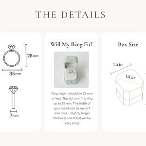 May include: Diagram showing ring dimensions: 35mm wide, 28mm high, and 7mm thick. A ring box is 3.8 cm wide, 3.8 cm deep, and 4.4 cm high. Text: "Will My Ring Fit?" and "Box Size."
