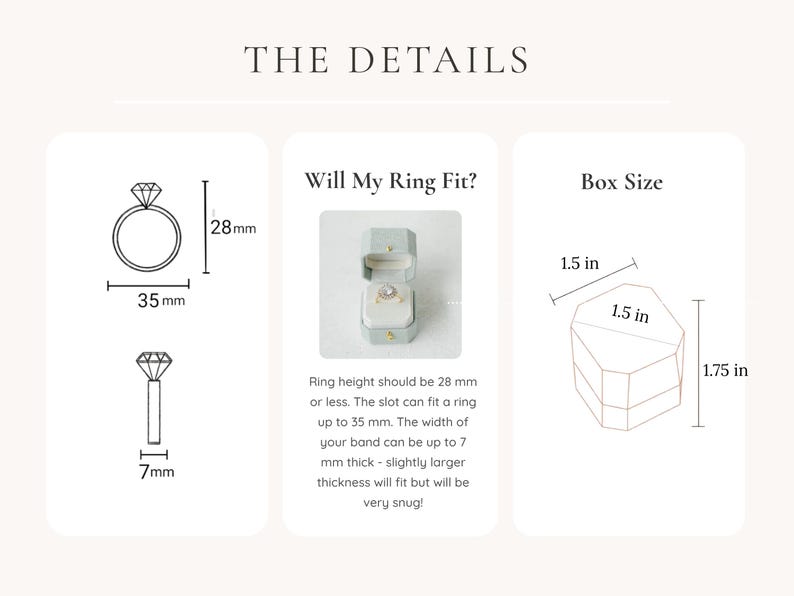 May include: Diagram showing ring dimensions: 35mm wide, 28mm high, and 7mm thick. A ring box is 3.8 cm wide, 3.8 cm deep, and 4.4 cm high. Text: "Will My Ring Fit?" and "Box Size."