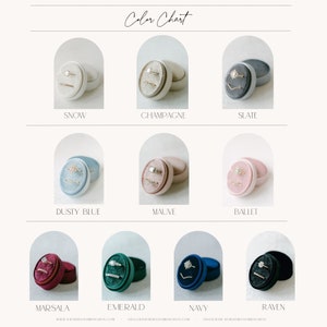 May include: Color chart showing ten different ring boxes in various colors, including snow, champagne, slate, dusty blue, mauve, ballet, marsala, emerald, navy, and raven.