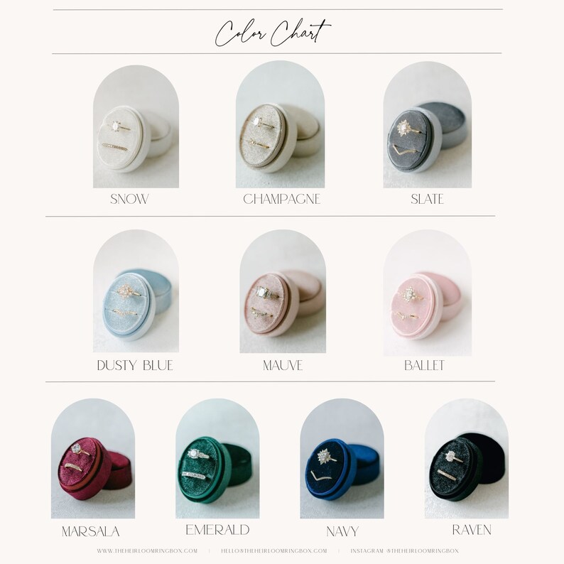 May include: Color chart showing ten different ring boxes in various colors, including snow, champagne, slate, dusty blue, mauve, ballet, marsala, emerald, navy, and raven.