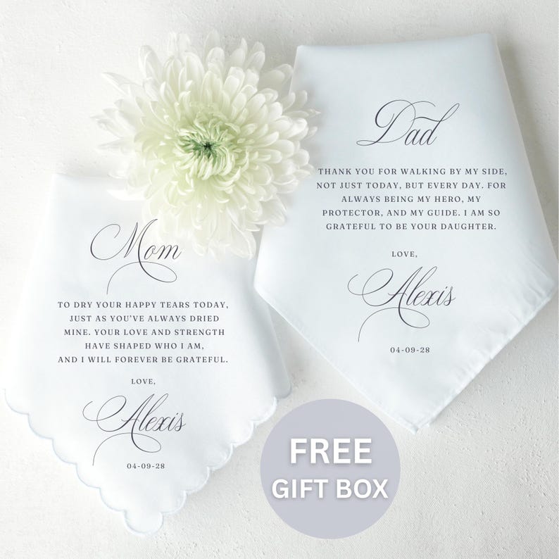 Cadeau mouchoir de mariage pour les parents, cadeau de mariage pour la mère de la mariée, cadeau de mariage pour le père de la mariée, cadeau personnalisé de sa fille image 1
