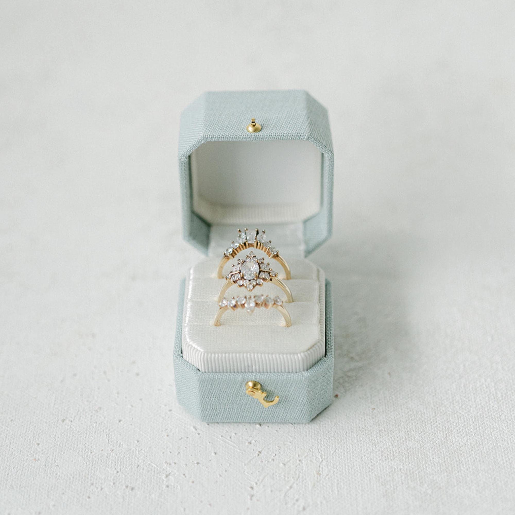 Linen Ring Box, Triple Slot,  Wedding Ring Box, Engagement Ring Box, Triple Slot, Modern Ring Box, Square Ring Box, Octagon Ring Box, Hinge