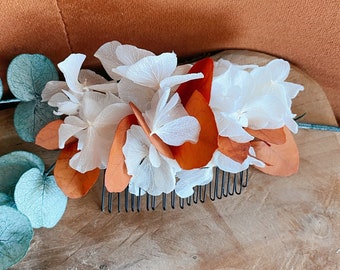 Peigne en fleurs stabilisées bohème - Terracotta & blanc - Coiffure mariage, baptême, cérémonies