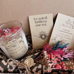 Box d'anniversaire PINK - Bougie naturelle, bouquet stabilisé rose & bracelet soleil - Cire de soja - Coffret cadeau,  cadeau anniversaire