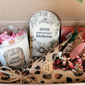 Coffret Cadeau Nounou, Copine, Amie - Bougie Cire de Soja Hortensia Rose, Bracelet & Bouquet - Box Personnalisée, Coffret Remerciement