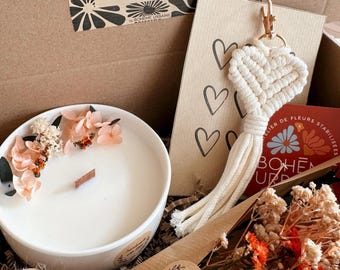 Heart Box - Natural candle & key ring - Soy wax - Stabilized flowers - Gift box, birthday gift - Gift box