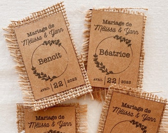 Étiquettes marque-place en Craft & jute - Prénoms mariés et date avec prénoms invités - Mariage, pacs, naissance, baptême