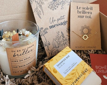 Box cadeau - Bougie naturelle, bijou & shampoing sec - Cire de soja - Fleurs séchées - Remerciement, cadeau copine - Boîte cadeau