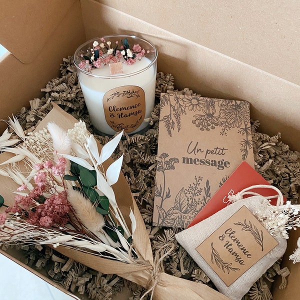 Coffret Félicitation - Box à offrir - Bougie à la cire de soja, bouquet de fleurs stabilisées & sel de bain parfumé