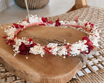 Couronne fleurs stabilisées bohème - Blanche & bordeau - Couronne mariage, couronne cérémonies