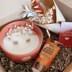 Box à offrir Bougie naturelle, crème pour les mains & bouquet Cire de soja Fleurs séchées Boîte cadeau image 1
