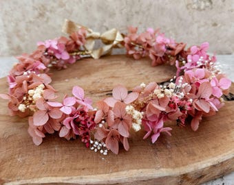 Boho floral crown "Lily" - Preserved pink hydrangea flowers in various shades - Wedding crown, ceremony crown