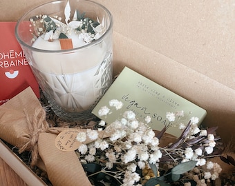 Box à offrir - Bougie naturelle, savon Végan & bouquet stabilisé - Cire de soja - Fleurs séchées - Boîte cadeau