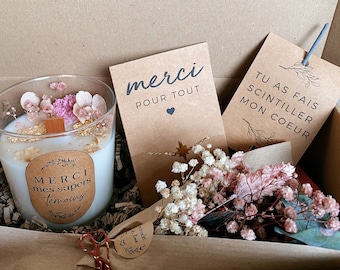 Box spéciale - Remerciement témoin de mariage - Bougie naturelle, bijou & bouquet  - Cire de soja - Fleurs séchées - Cadeau copine et témoin