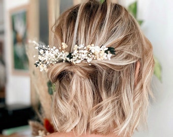 Peigne en fleurs séchées bohème - Camaïeu de vert & blanc - Coiffure mariage, baptême, cérémonies