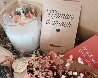 Box Maman - Bougie naturelle & bijou - Cire de soja - Fleurs séchées - Bracelet acier inoxydable- Boîte cadeau