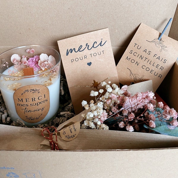 Box spéciale - Remerciement témoin de mariage - Bougie naturelle, bijou & bouquet  - Cire de soja - Fleurs séchées - Cadeau copine et témoin