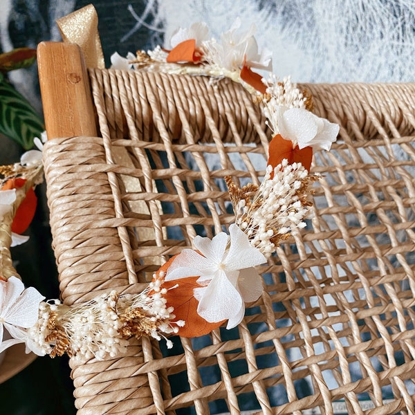 Couronne Ambre - Fleurs séchées bohème - Blanche, jaune moutarde & terracotta - Couronne mariage, couronne cérémonies