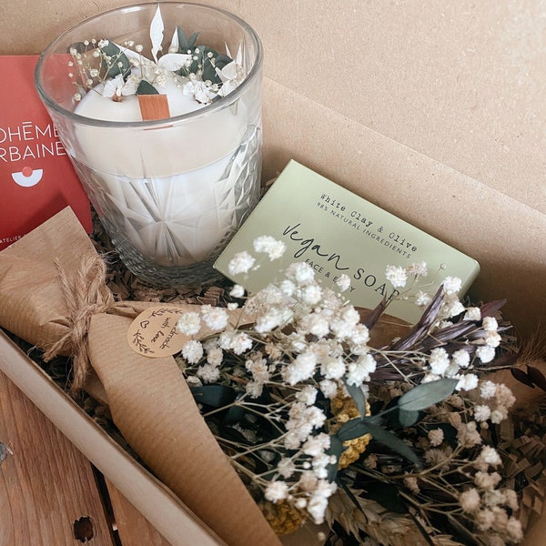 Box à offrir - Bougie naturelle, savon Végan & bouquet stabilisé - Cire de soja - Fleurs séchées - Boîte cadeau