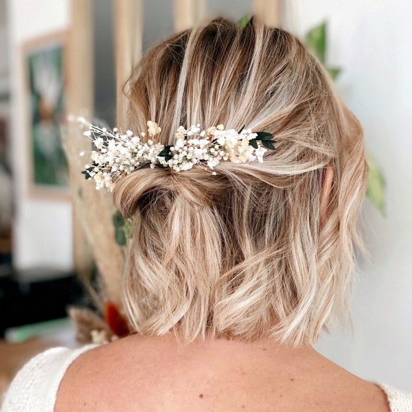 Peigne en fleurs séchées bohème - Camaïeu de vert & blanc - Coiffure mariage, baptême, cérémonies