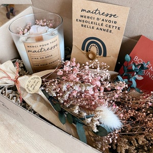 Box Maîtresse - Bougie naturelle & bijou - Cire de soja - Fleurs séchées - Remerciement maîtresse école, fin d'année - Boîte cadeau