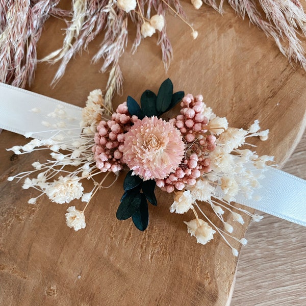 Bracelet de mariage fleur séchées rose poudrées & eucalyptus - Corsage de poignet - Témoin de mariage