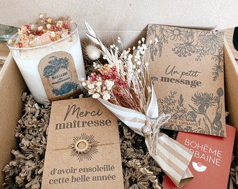 Box Maîtresse - Bougie naturelle & bijou - Cire de soja - Fleurs séchées - Remerciement maîtresse école, fin d'année - Boîte cadeau