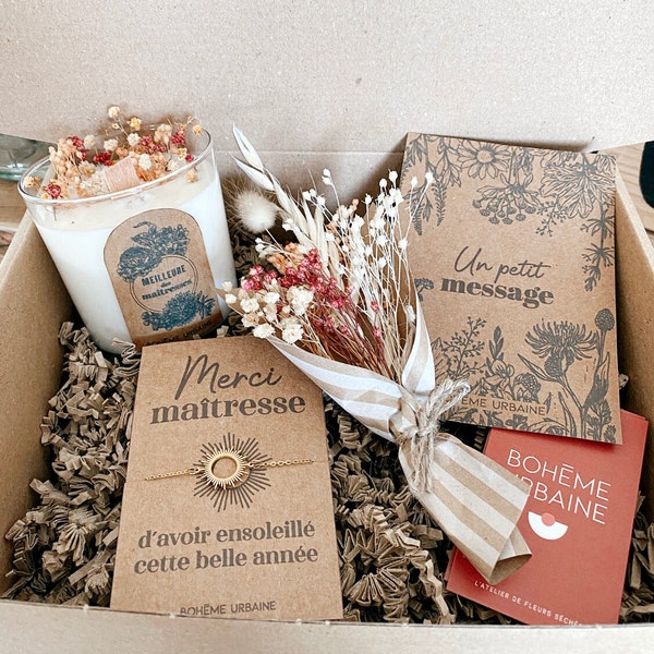 Box Maîtresse - Bougie naturelle & bijou - Cire de soja - Fleurs séchées - Remerciement maîtresse école, fin d'année - Boîte cadeau