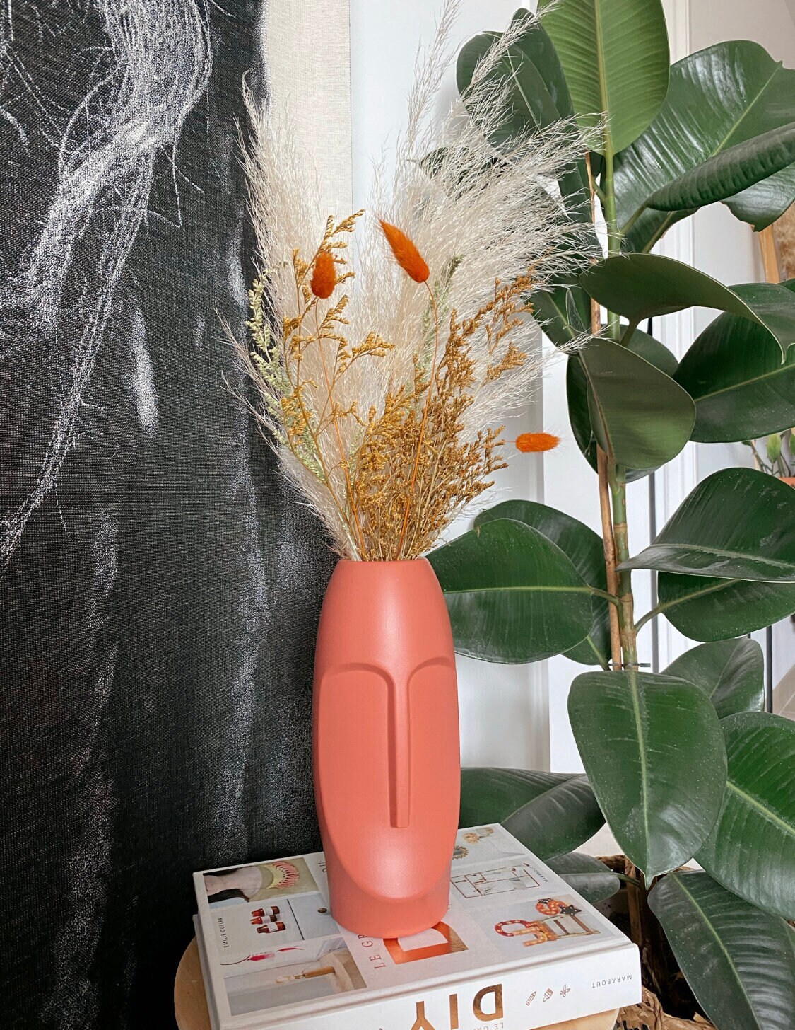 Vase Africain Terracotta avec Bouquet Fleurs Séchées - Pampas Décoration Intérieure Bohème