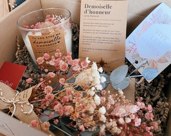 Box spéciale - Demoiselle d'honneur - Bougie naturelle, bijou & bouquet  - Cire de soja - Fleurs séchées - Cadeau copine, témoin, soeur