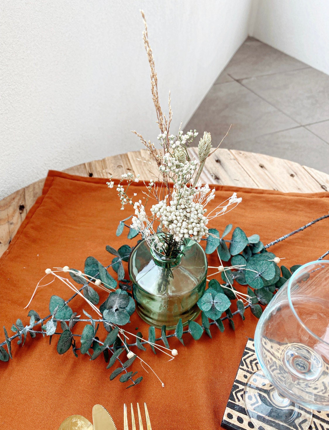 Soliflore avec Bouquet Fleurs Séchées - Vert et Blanc Décoration Intérieure, Mariage