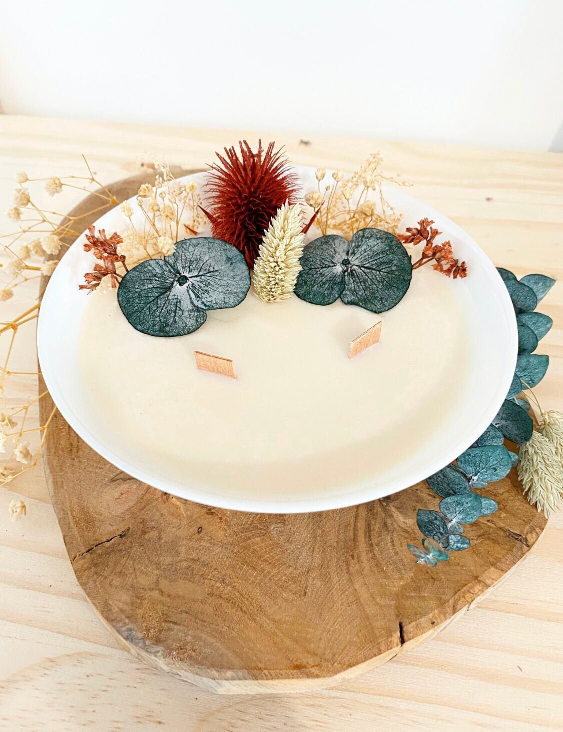 Grande Bougie Noël Artisanale - Cire de Soja Fleurs Séchées Parfum Pain d'épice