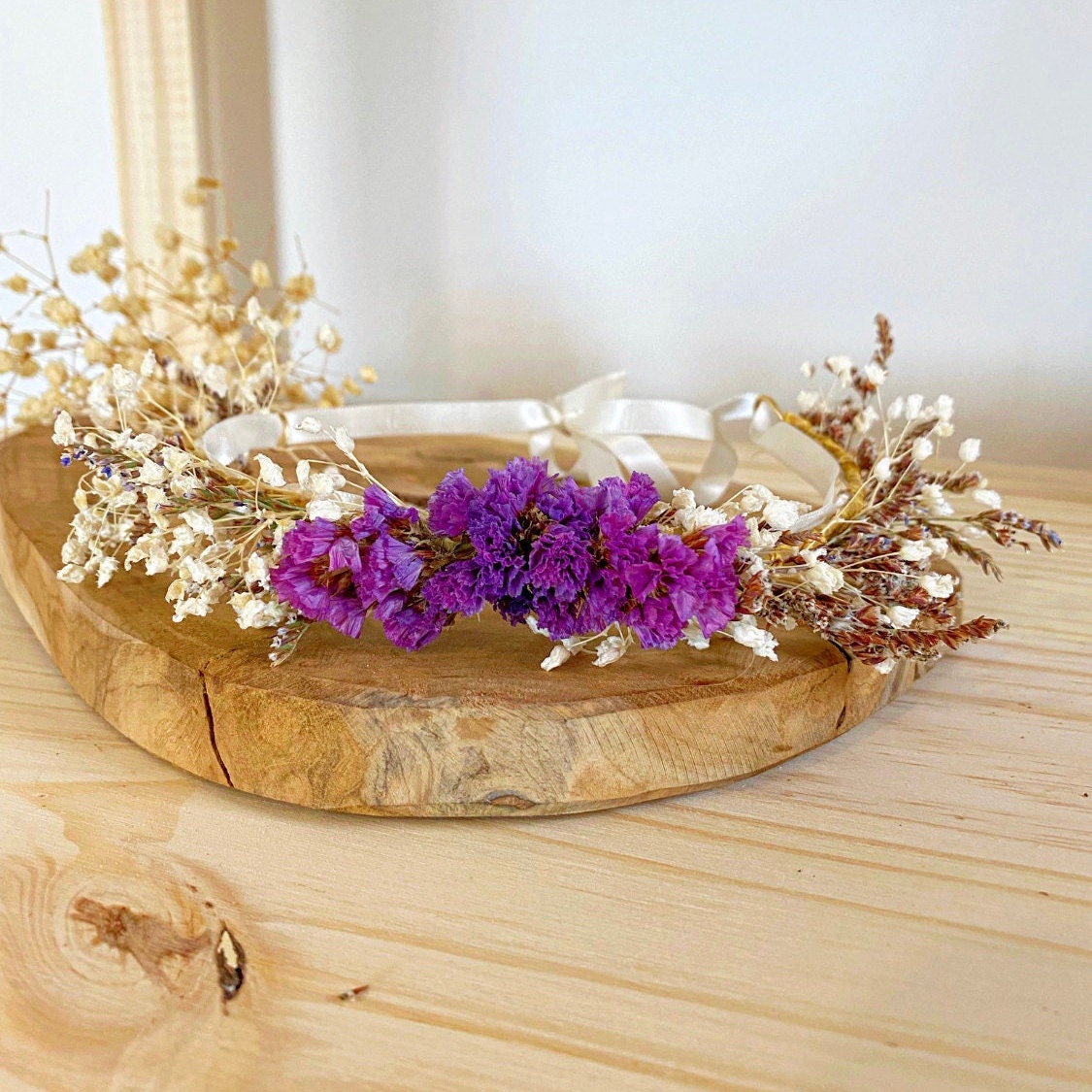Couronne Enfant de Fleurs Séchées Bohème - Ornement Violet Couronne Baptême, Couronne Cérémonies
