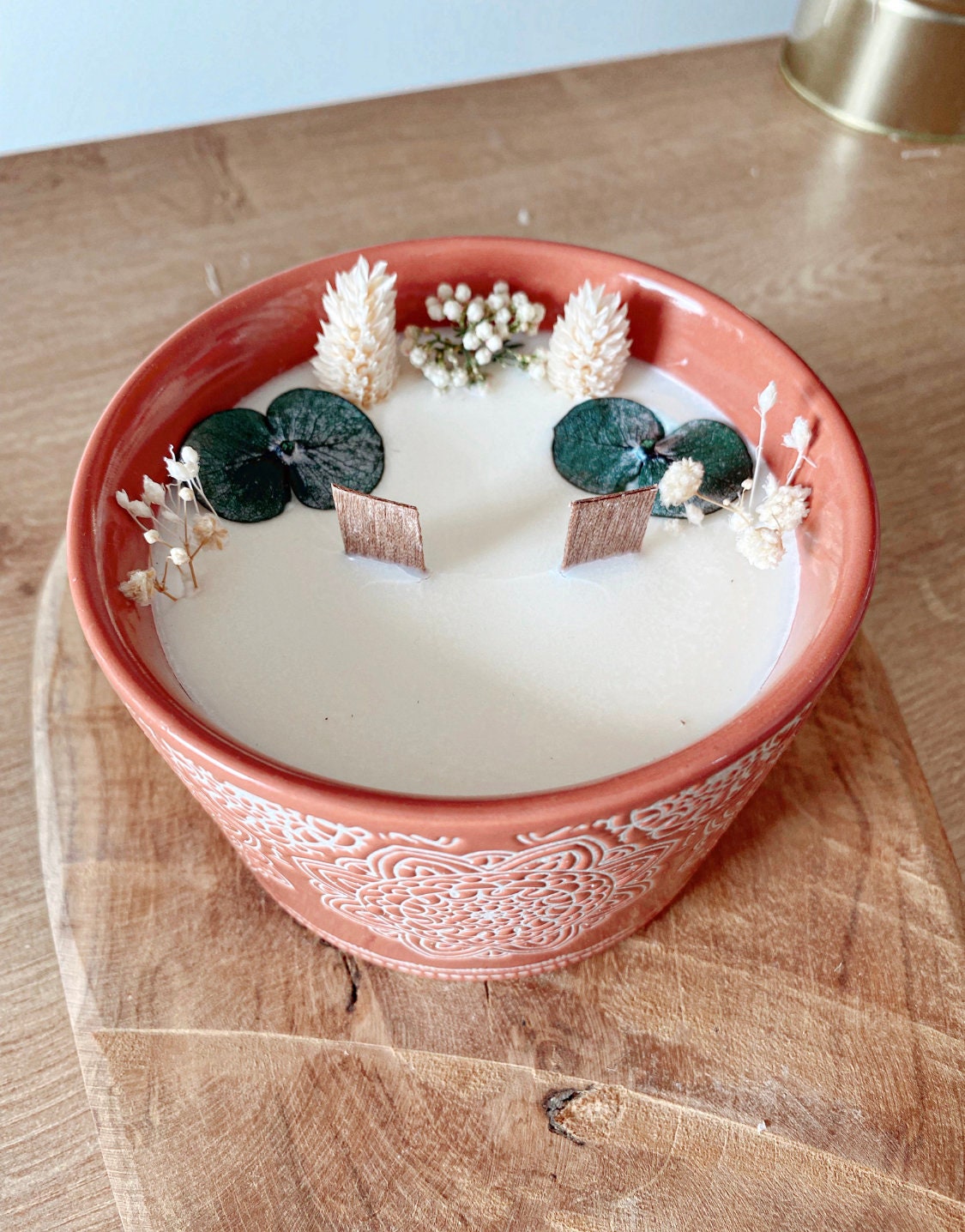 Grande Bougie Artisanale à La Cire de Soja Naturelle - Fleurs Séchées Corail & Mandala Parfum Fleur 