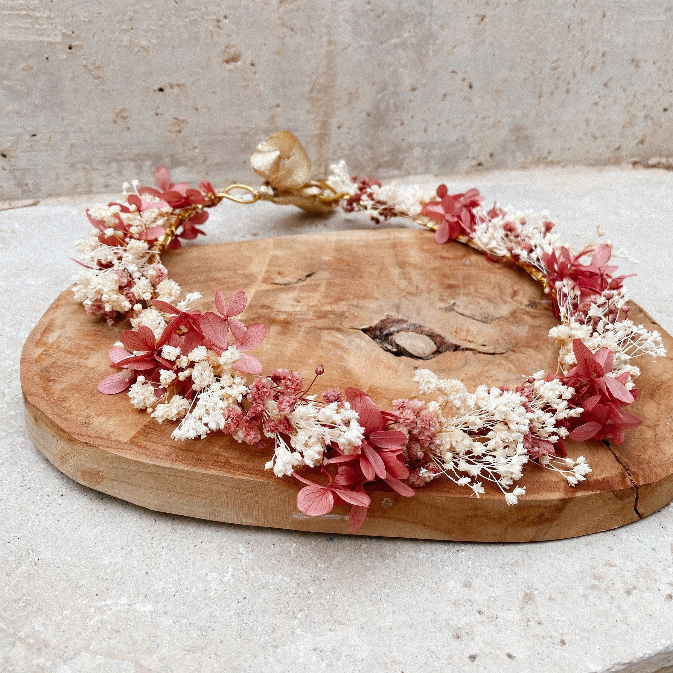 Couronne de mariée “Mia” en fleurs stabilisées vieux rose