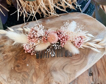 Peigne en fleurs séchées bohème - Camaïeu de beige & rose - Coiffure mariage, baptême, cérémonies